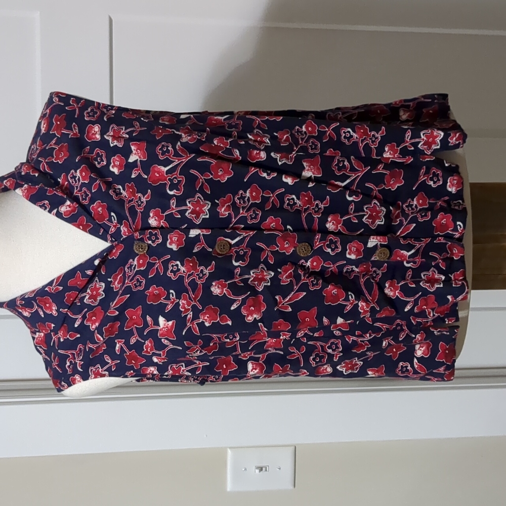 Blue with red floral sleeveless blouse